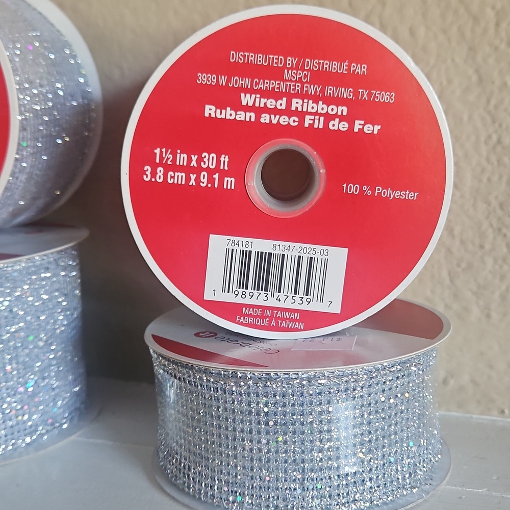 4 Rolls of Celebrate it - Wired Silver Net Mesh Ribbon - Picture 3 of 8